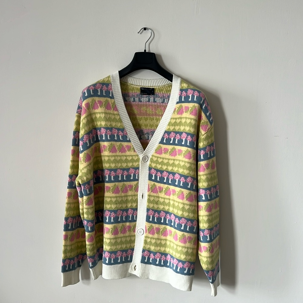 ASOS DESIGN KNIT CARDIGAN WITH ALL OVER KITSCH PATTERN
